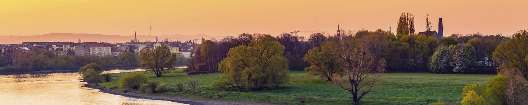 Ausblick von der MS Sans Souci auf eine Wiese und Stadt bei Dämmerung